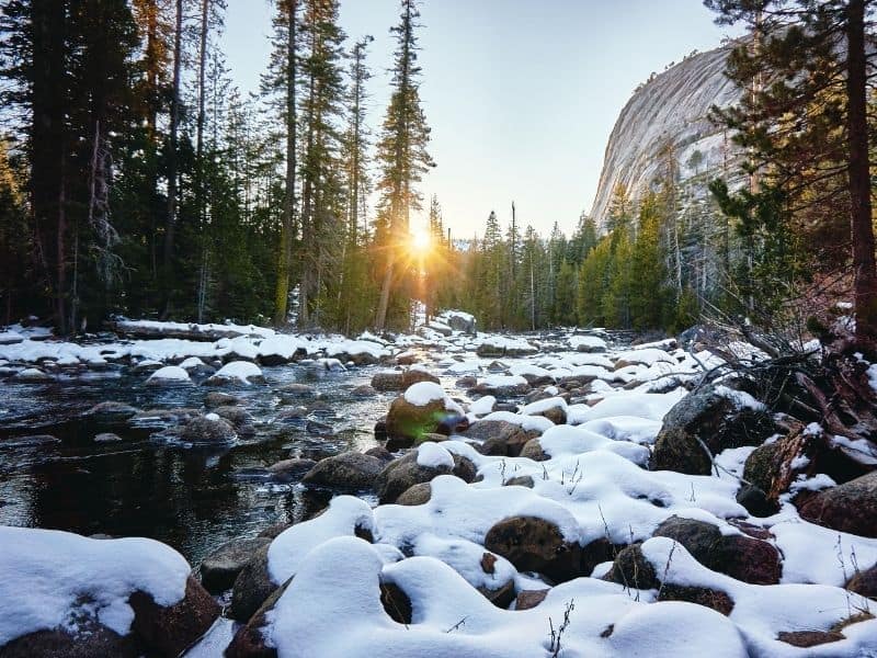 snow covering rocks in the river at yosemite national park with the sun coming up through the trees at sunrise