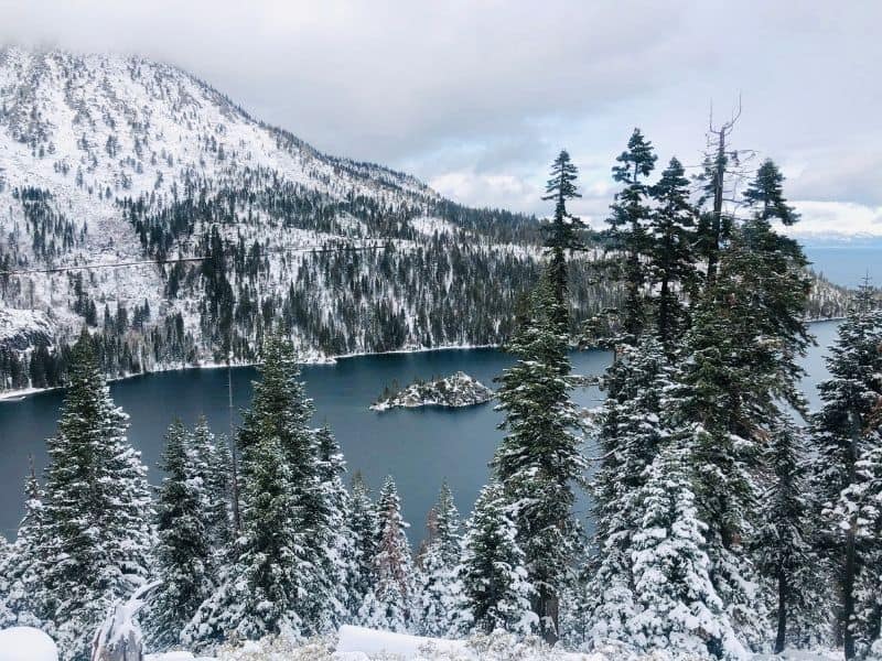 snow covered hillside and trees with a view of lake tahoe on a cloudy winter day, with a small islet in the lake covered in snow as well