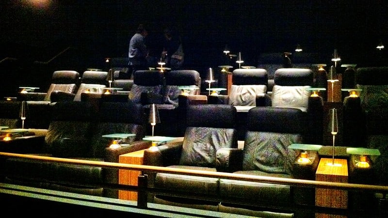 Cushy leather recliners in sets of two at a movie theater