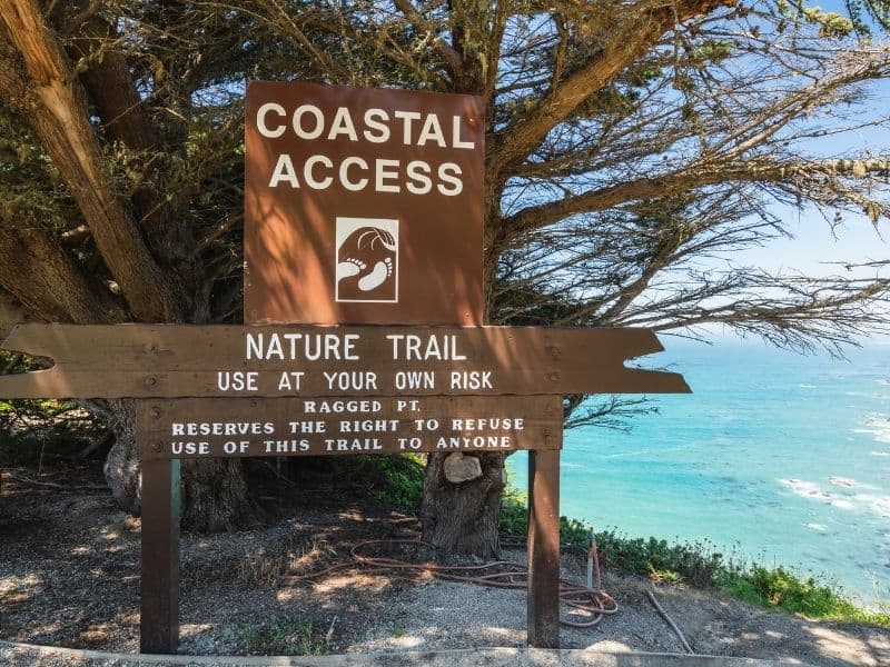 the ragged point trail with views of the pacific ocean behind it