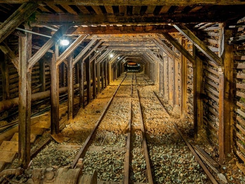 Old railroad tracks in the Empire Mine in a state historic park in California