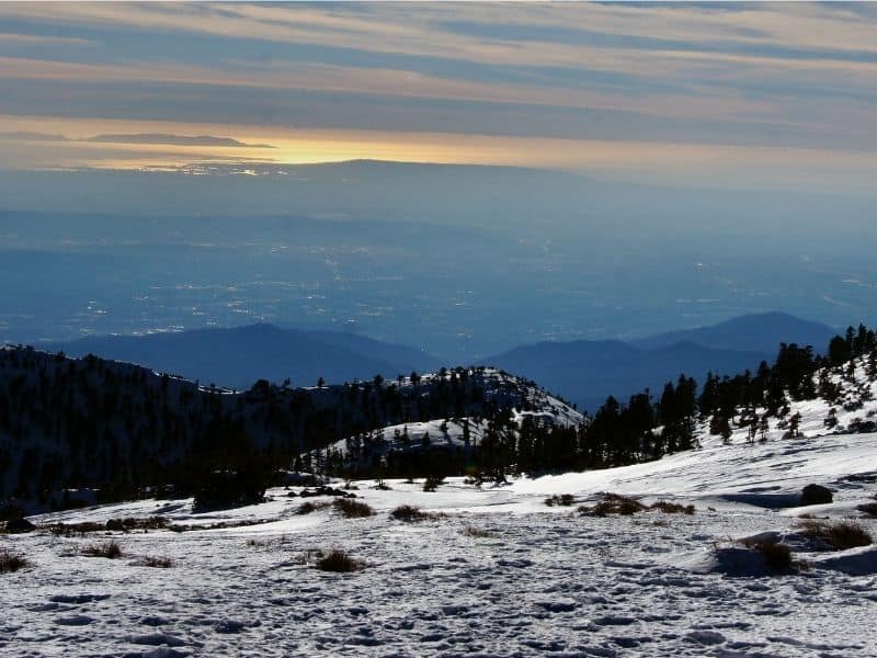 snow on the peak of mount baldy in los angeles