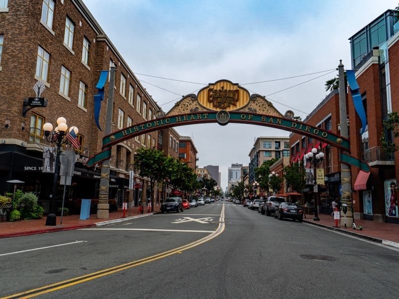 Gaslamp district sign over the main street of the gaslamp neighborhood of san diego