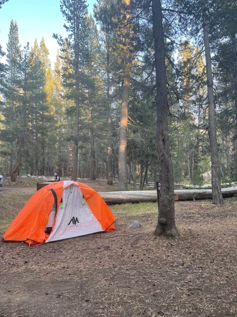 My trusty Ayamaya orange tent camping in Tuolumne meadows