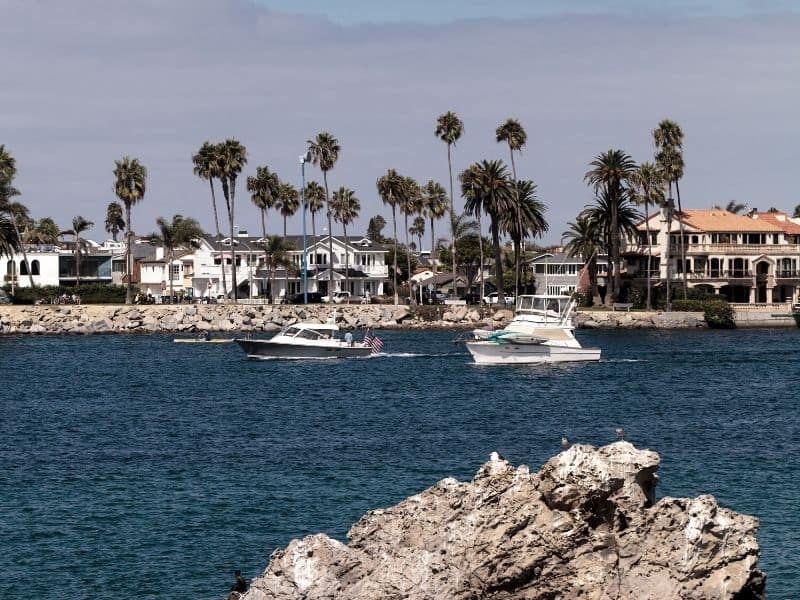 the harbor of corona del mar with boats, houses and palm trees on a clear calm day