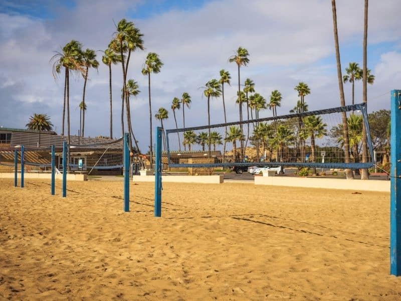 sand volleyball court in corona del mar state beach california with palm trees behind it