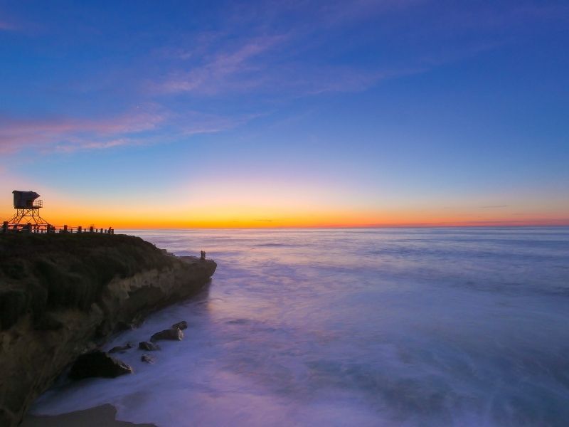 two people standing silhouetted against the setting sun at la jolla for sunset