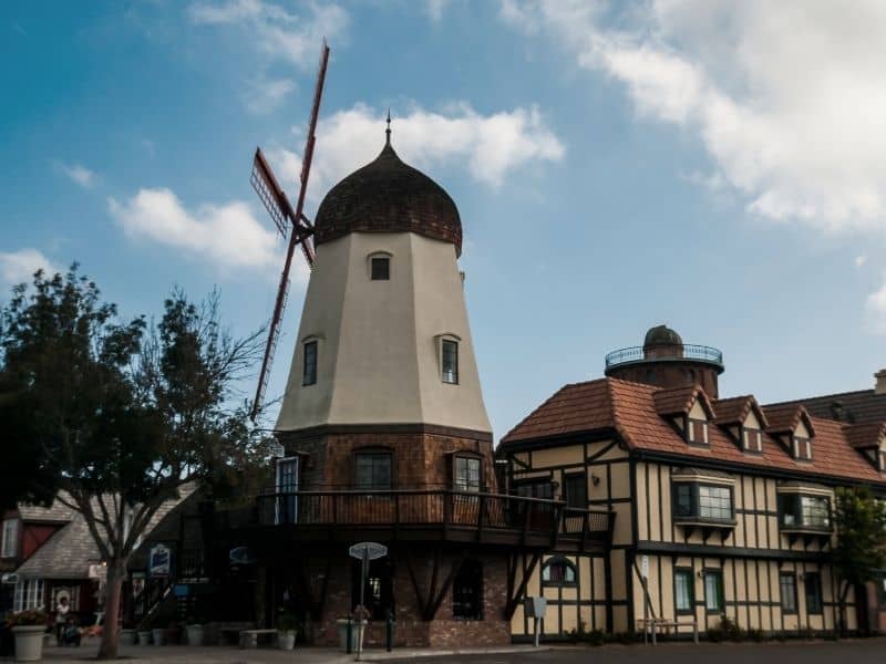 the old-fashioned danish windmill and half-timbered architecture of the small charming california town of solvang