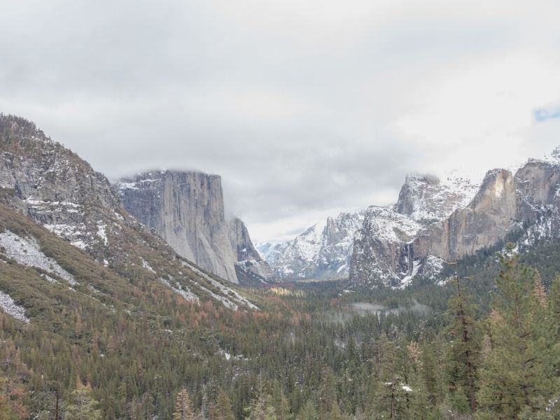 yosemite in the winter with a little bit of snow