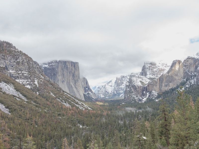 snow covered views from artist point in Yosemite with a view of the entire valley