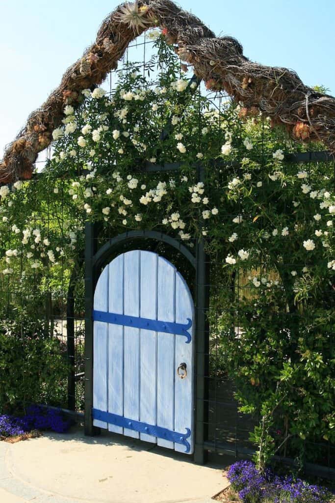 tiny blue door meant for children to play with in a garden