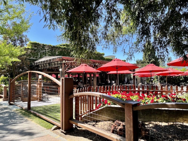 gate for an outdoor seating area with red umbrellas