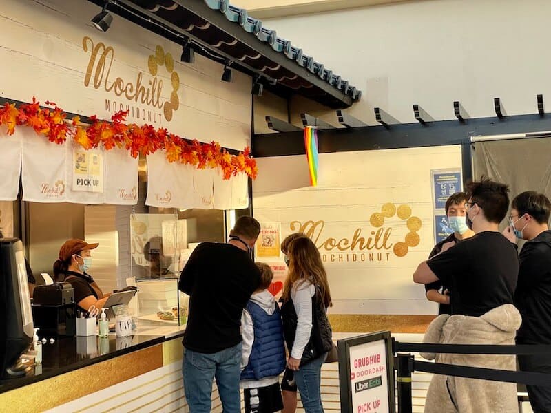 line for the mochi donuts at the mochill place in japantown japan center mall