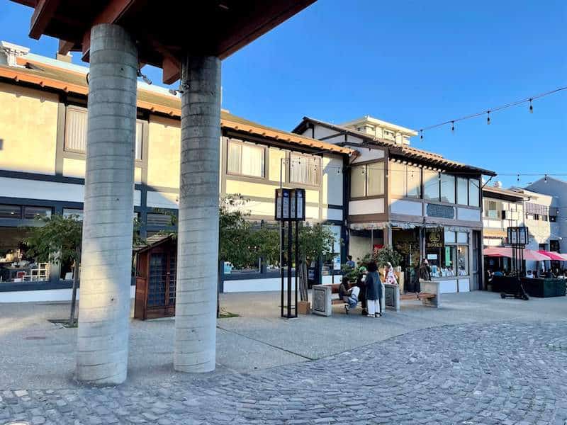 Street in Japantown's Osaka Way, with Japanese-style architecture and lights