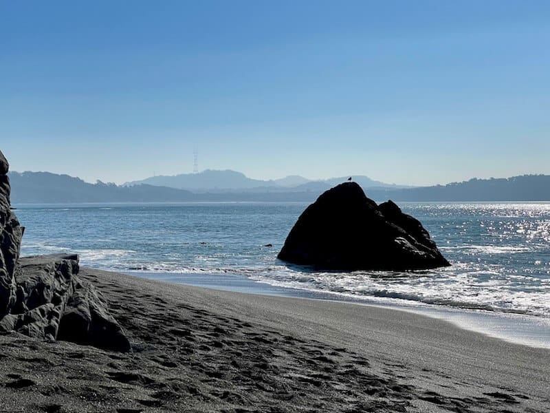 black sand beach with a rock formation with a seagull on top of it and the tower of twin peaks visible off in the distance across the san francisco bay