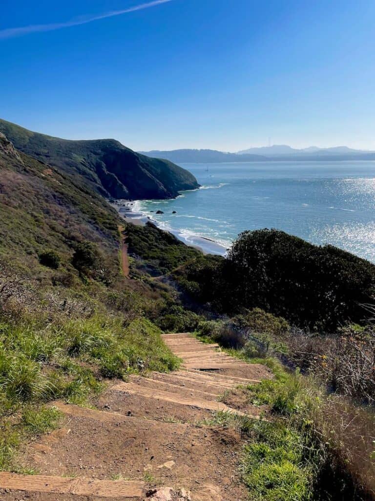 wooden stairs leading down a steep hiking trail to black sand beach near san francisco