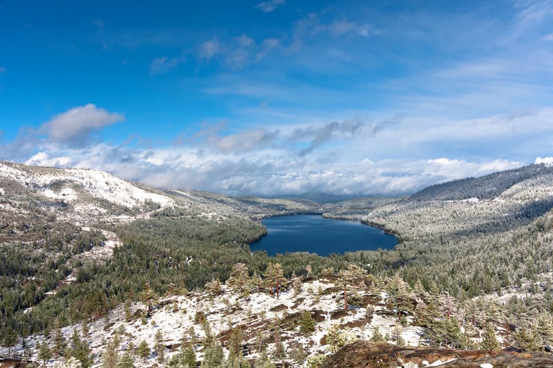 Winter scene of beautiful Donner lake in high Sierra Nevada, California