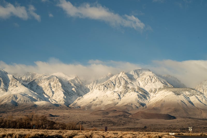 Winter landscape desert valley view of snowy peaks on Sierra Nevada mountain range, California, USA