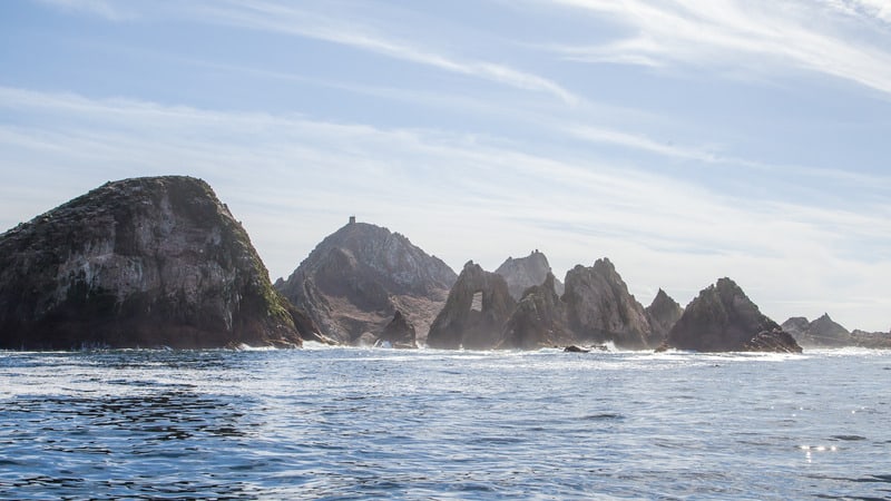 Wide shot of the Farallon Islands from a boat