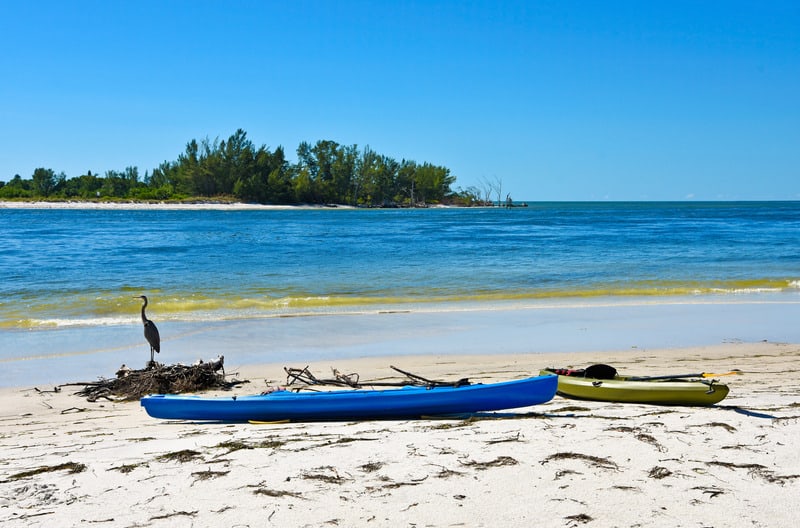 Colorful plastic Kayaks on a white sandy beach